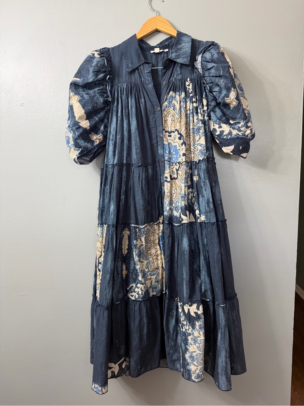 Anthropologie Let Me Be Puff-Sleeve Patchwork Cotton Midi Shirt Dress Large - Picture 2 of 13